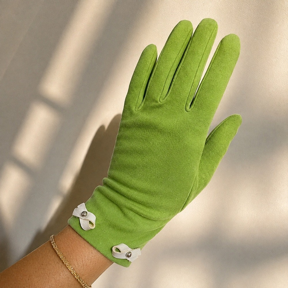 True Vintage 60s Mod Green Suede Gloves White Leather Bow Stud Detail Coquette